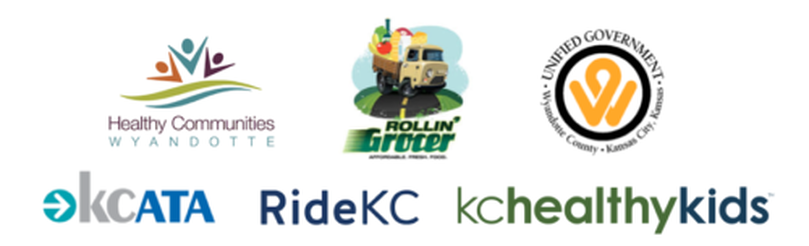 Logos for Healthy Communities Wyandotte, Rollin' Grocer, United Government of Wyandotte County and Kansas City, Kansas, KC ATA, Ride KC and KC Healthy Kids.